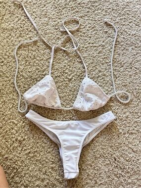 White Eyelet Triangle Bikini Set